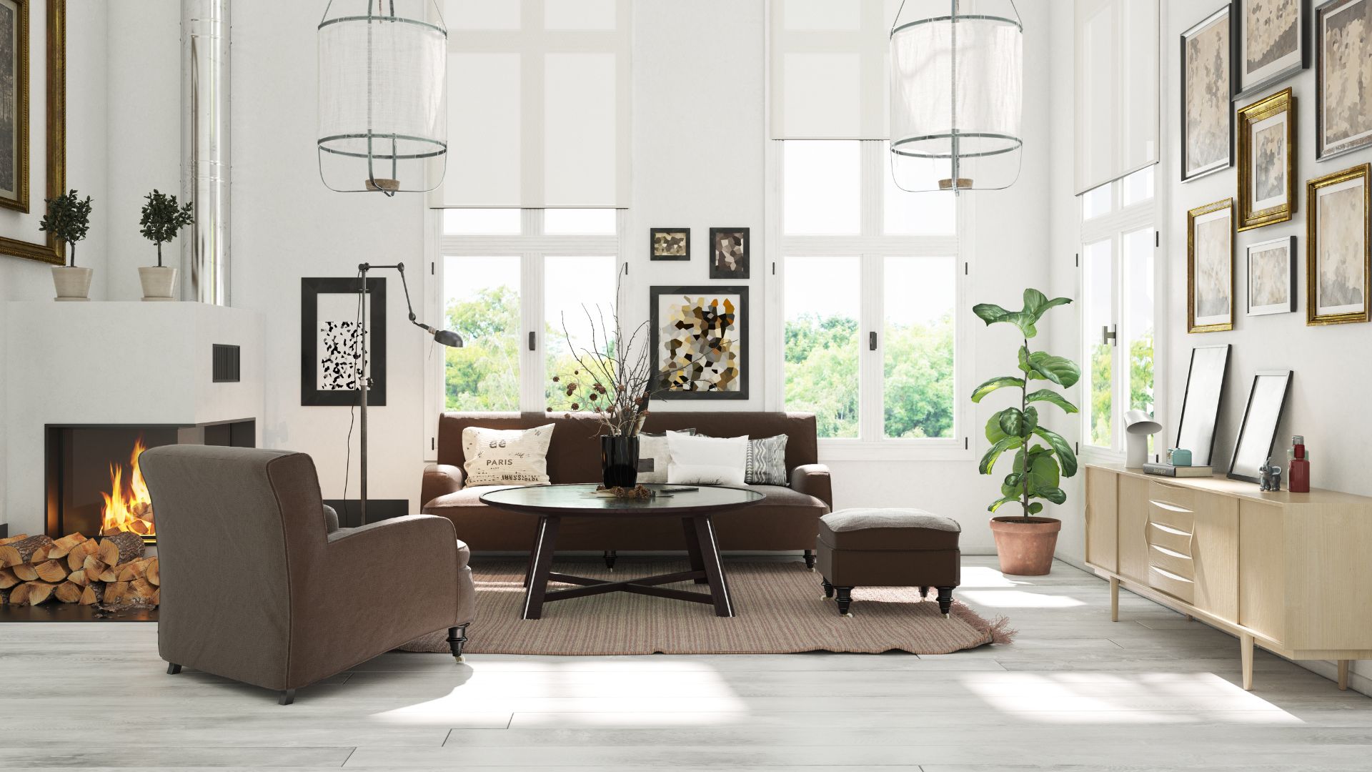 Bright living room with fireplace, modern furniture, and large windows