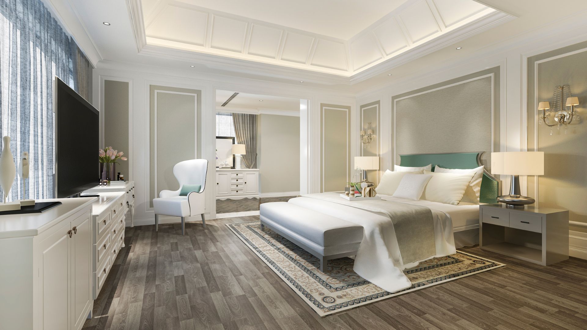 Elegant bedroom with white decor, green headboard, and classic furnishings